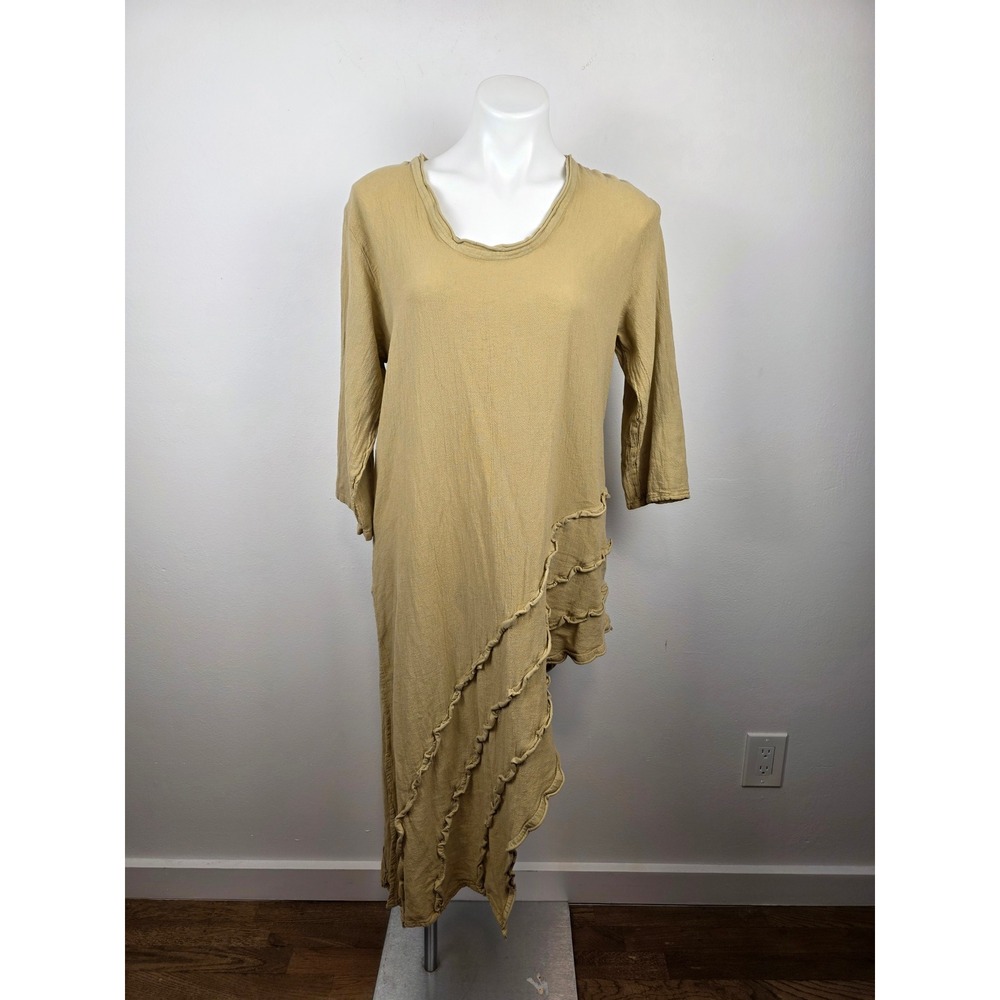 Oh My Gauze Tan Cotton Asymmetrical Ruffle Tunic Dress Lagenlook OS